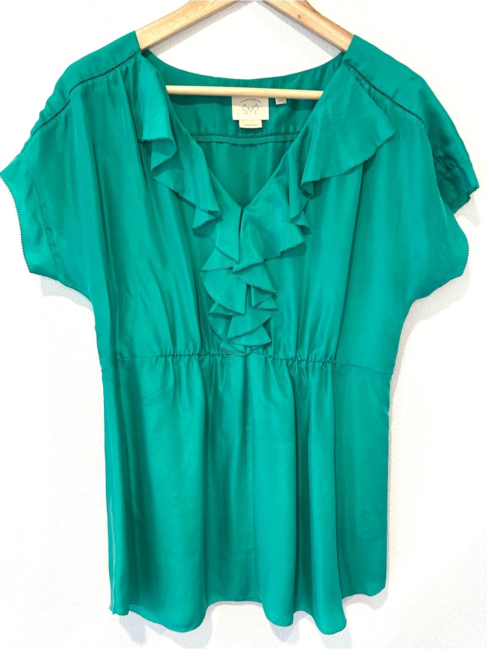 Anthropologie Vanessa Virginia Green Silk Lace Trim Ruffle Blouse Size 2 & 6